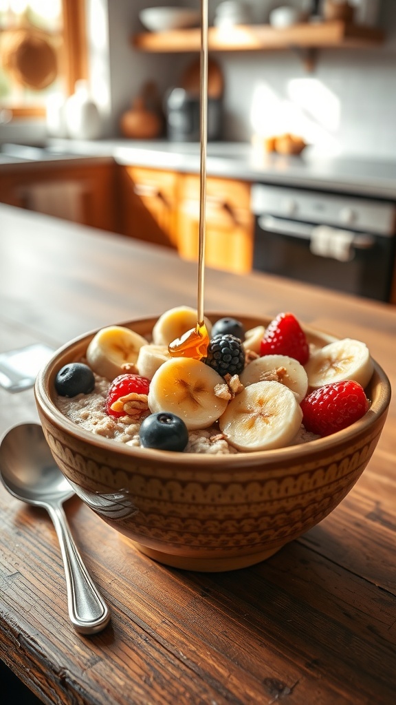 Oatmeal Breakfast Bowl Recipe A bowl of oatmeal with banana, berries, and nuts on a wooden table.